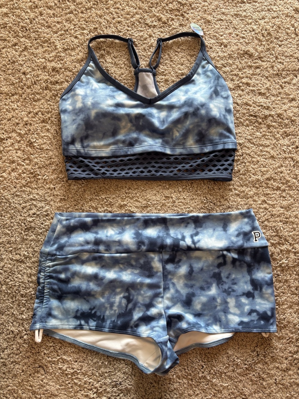 NWOT PINK Victoria's Secret Ultimate Blue Tie-Dye Sports Bra & Shorts Set